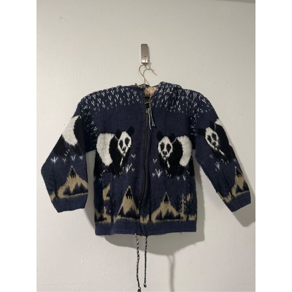 Panda Bear print hooded sweater wool kids 7/8 - Picture 1 of 10